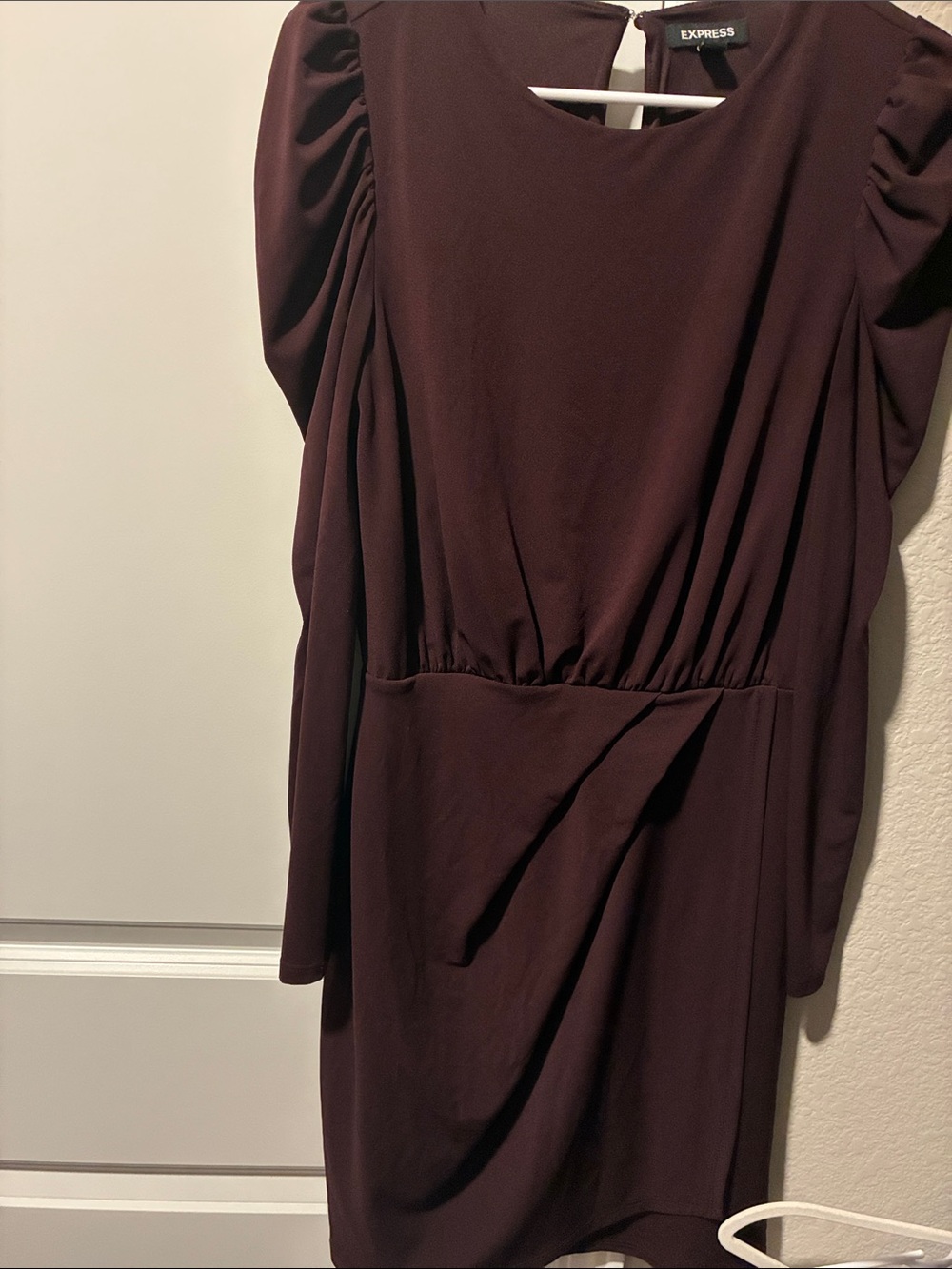 Express Women's Wine Long-Sleeve Puff Shoulder Dress